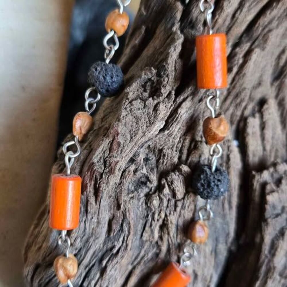 Handmade Men's Aromatherapy Bracelet | Lava Stone & Orange Wooden Beads